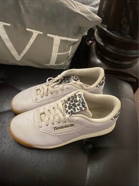 Reebok Women's Cream Sneakers with Leopard Accent and Gum Sole